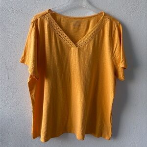 Talbots Cotton Short Sleeve Crochet V-Neck Yellow Size 2X Classic Casual Bright